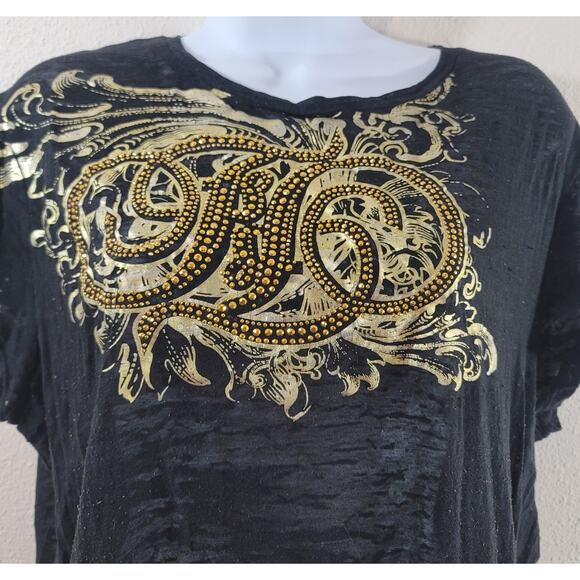 Fabulosity Black Gold Metal Studded Bodice Burnout Material Top 2X Lightweight - Picture 6 of 7